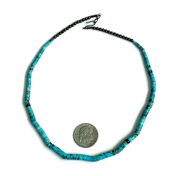Old Pawn Turquoise Heishi Sterling Silver Navajo Pearls Necklace - Picture 2 of 6